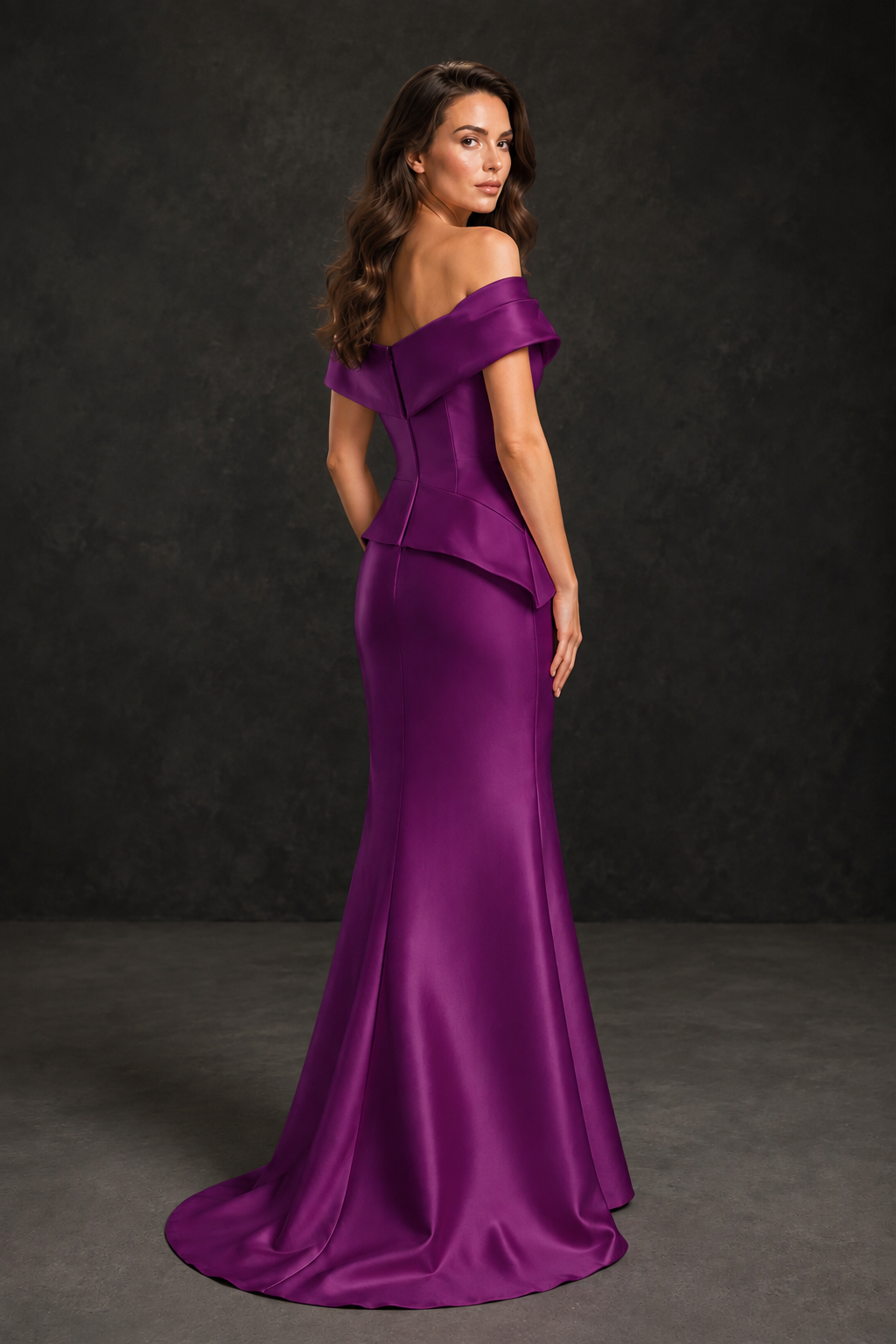 BOLODOO Plum Satin Off-Shoulder Sweetheart Asymmetric Peplum Mermaid Gown with Plum Floral Embroidery | MOB Evening Dress - Plum