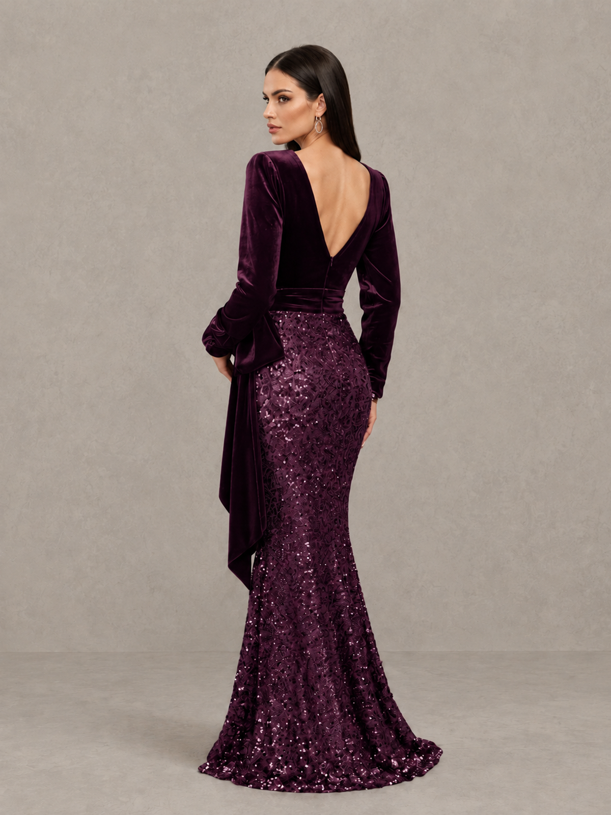 BOLODOO Plum Velvet & Sequin Long Sleeve V-Neck Mermaid Evening Gown - Plum - Plum_2