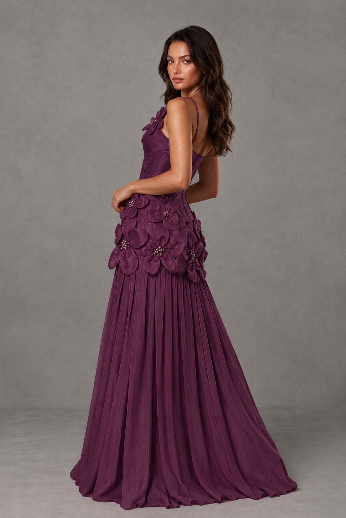 BOLODOO Plum 3D Floral Appliqué Floor-Length A-Line Evening Gown - Plum