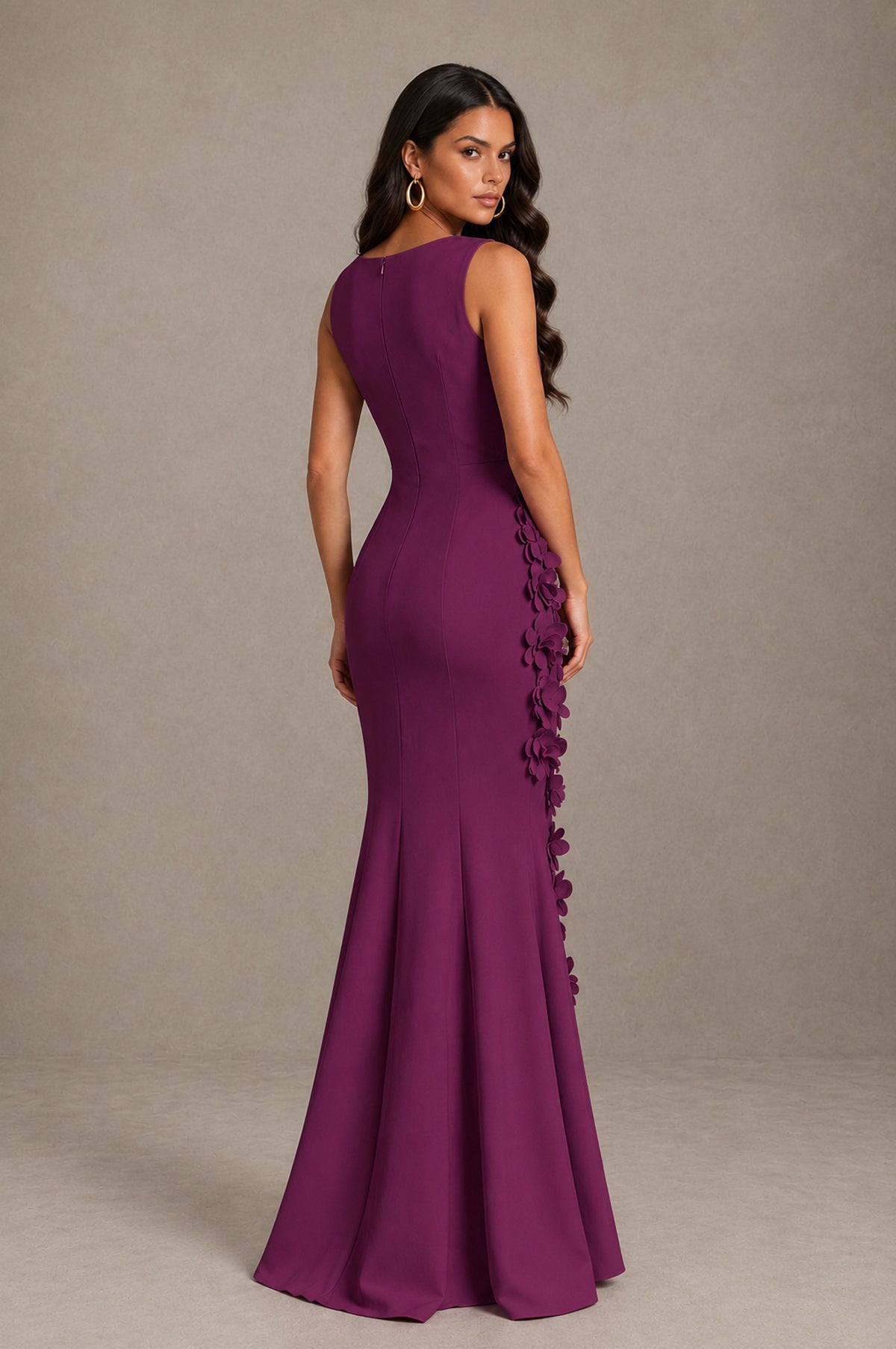 BOLODOO Plum Bateau Neck Sleeveless Asymmetric Peplum 3D Petal Appliqué Mermaid Gown BD0421 - Plum - Plum_2