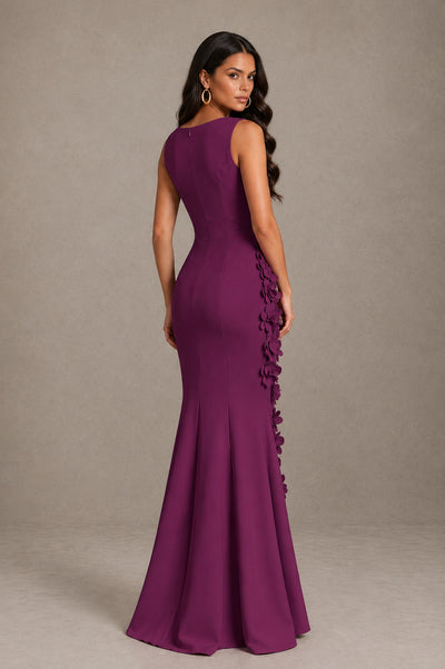 BOLODOO Plum Bateau Neck Sleeveless Asymmetric Peplum 3D Petal Appliqué Mermaid Gown BD0421 - Plum - Plum_2