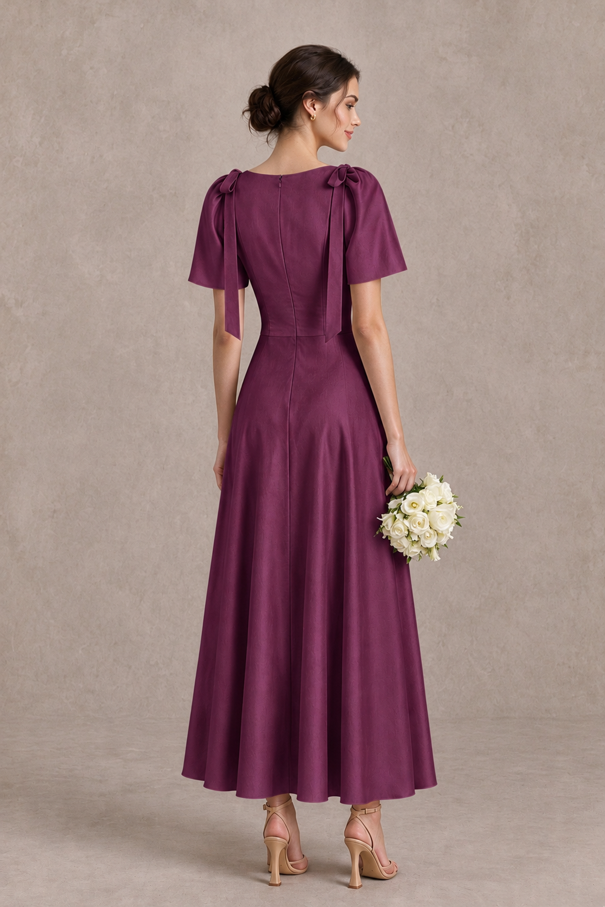 BOLODOO Plum V-Neck Short Sleeve Satin-Look Bridesmaid Dress with Shoulder Bows - Plum - Plum_2