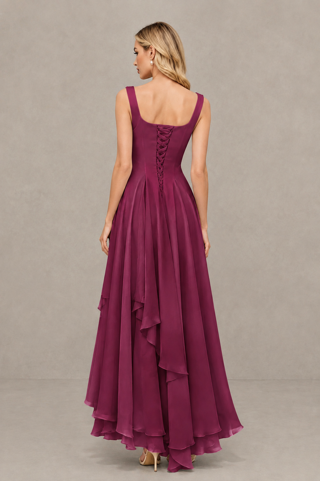BOLODOO Plum Square Neck Chiffon Bridesmaid Dress with Lace-Up Back - Plum