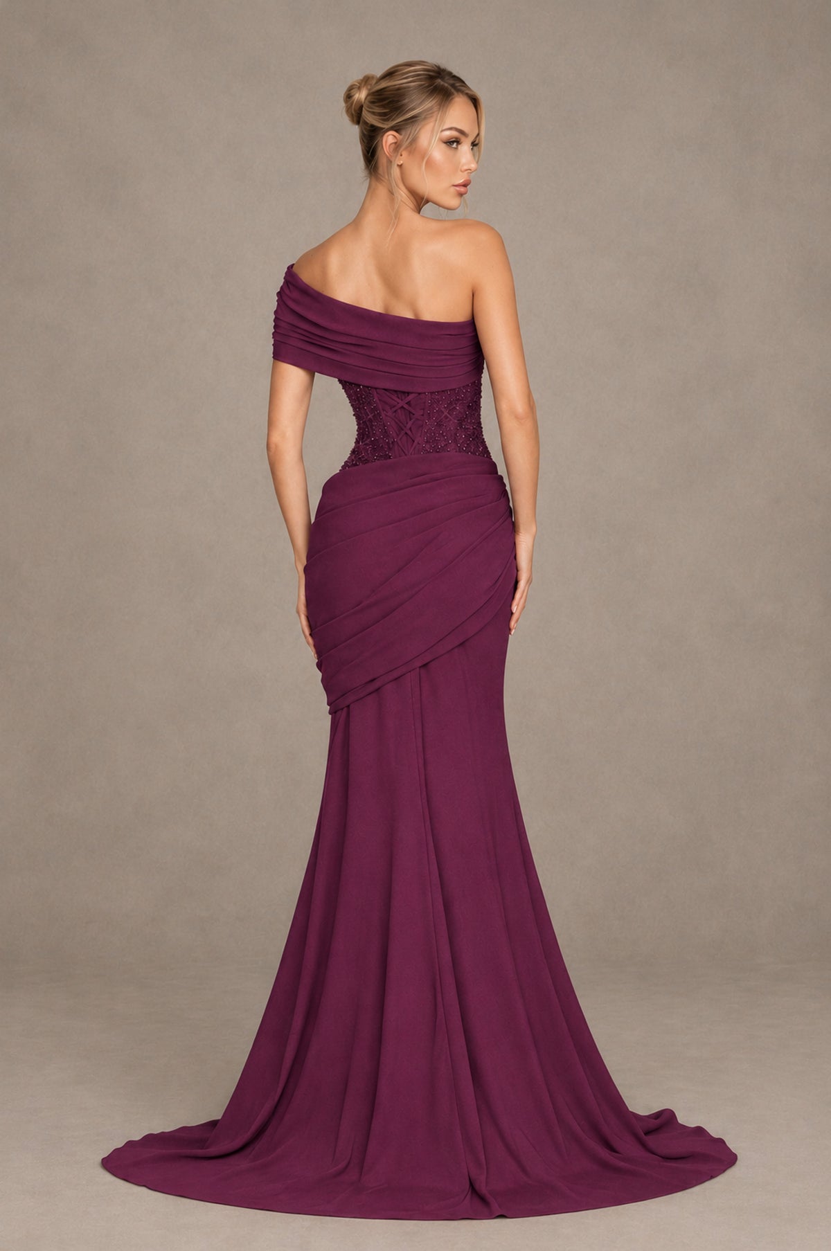 BOLODOO Plum One-Shoulder Sequin Embroidered Ruched Mermaid Gown with Train - Plum - Plum_2