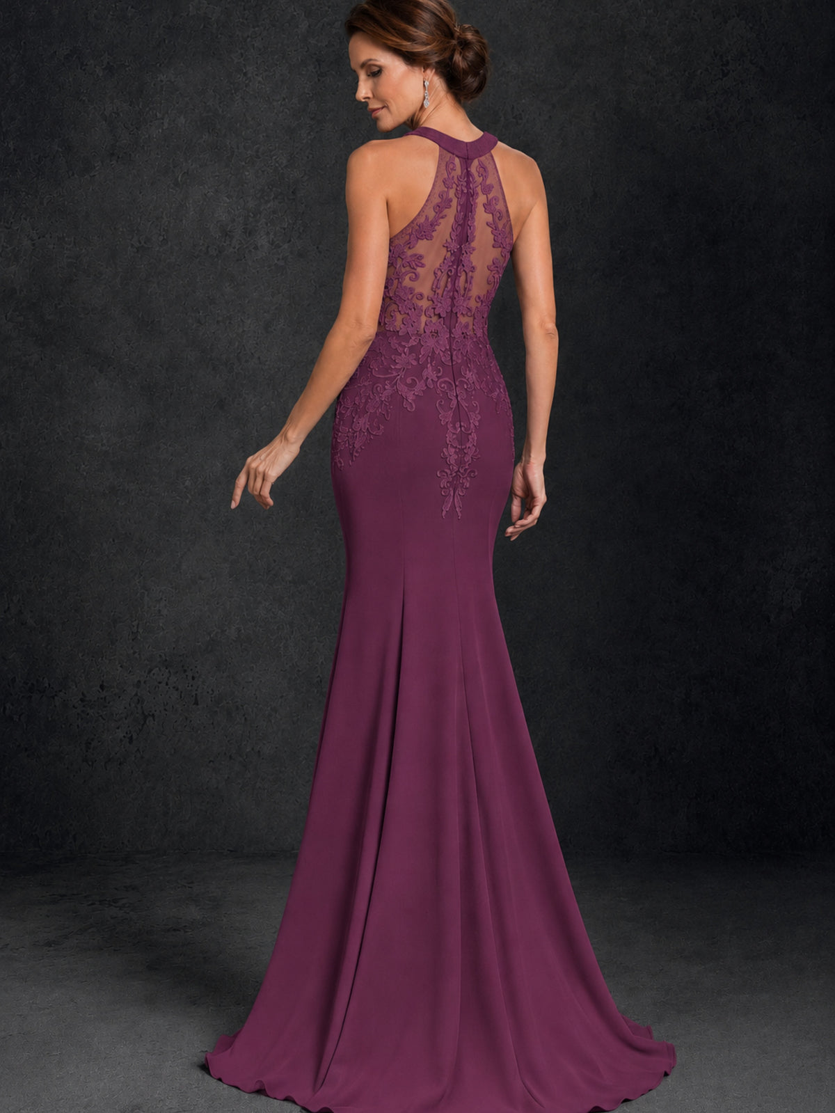 BOLODOO Plum Lace Applique Halter Neck Sheer Back Mermaid Maxi Dress with Sweep Train - Plum