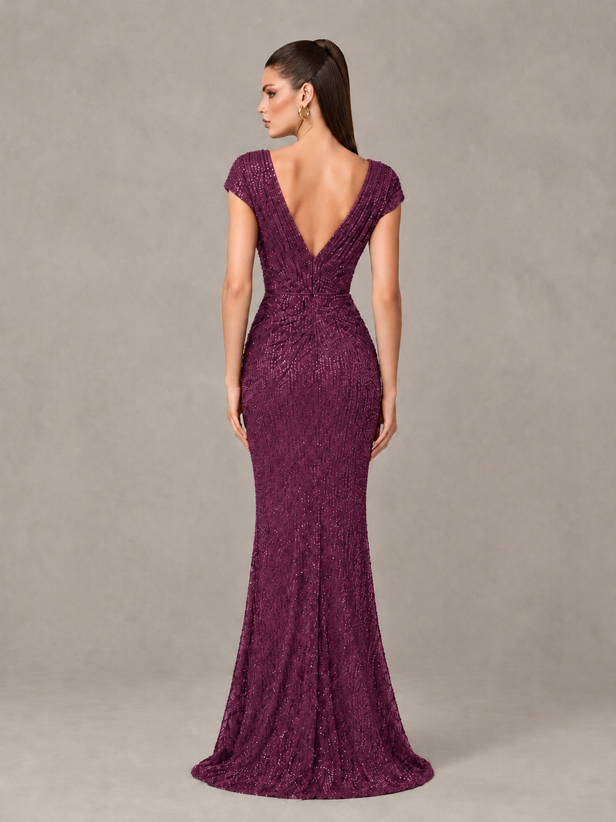 BOLODOO Plum Glitter V-Neck Cap Sleeve Ruched Mermaid Evening Gown - Plum - Plum_2