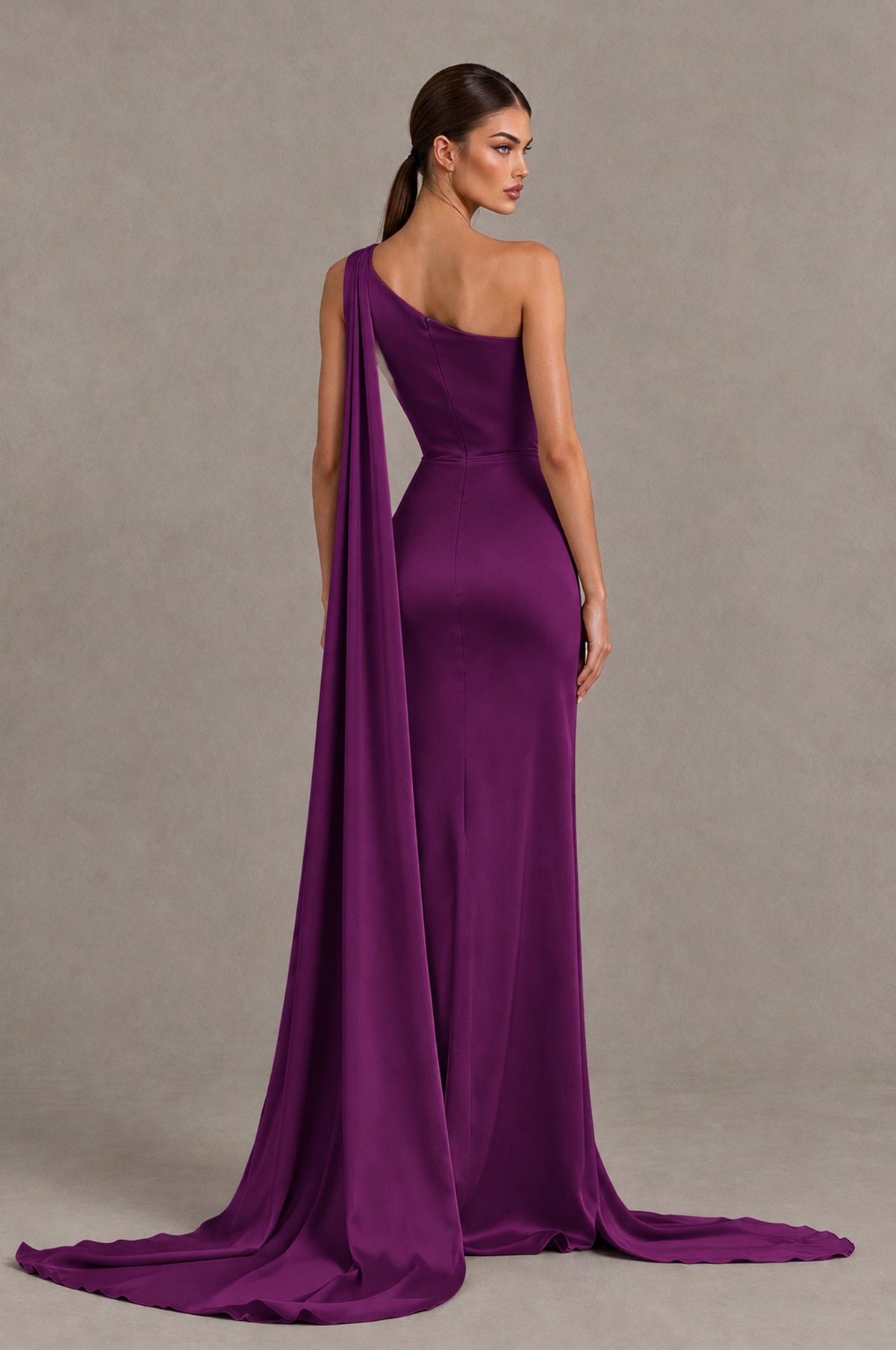 BOLODOO Plum One Shoulder Satin Evening Dress with High Slit and Draped Cape Train - Plum - Plum_2
