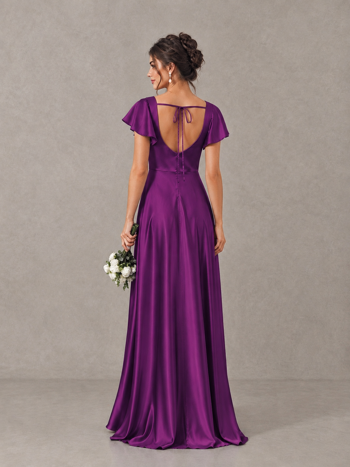 BOLODOO Plum Satin Square Neck Flutter Sleeve A-Line Bridesmaid Dress with Slit - Plum - Plum_2