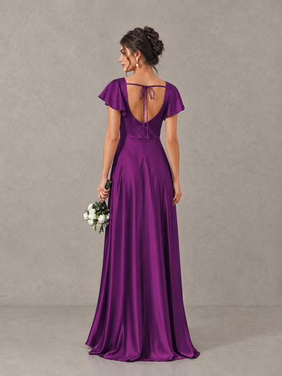 BOLODOO Plum Satin Square Neck Flutter Sleeve A-Line Bridesmaid Dress with Slit - Plum - Plum_2