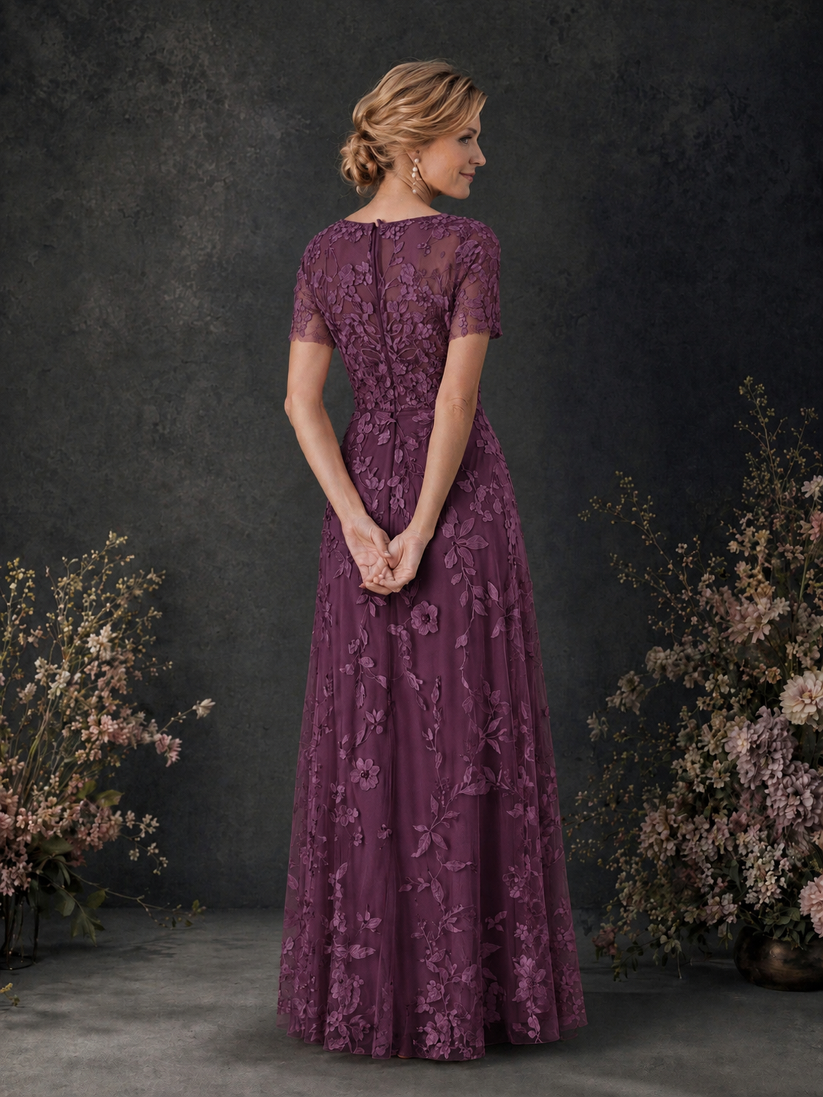 BOLODOO Plum 3D Floral Embroidered Lace V-Neck Short Sleeve A-Line Maxi Dress - Plum