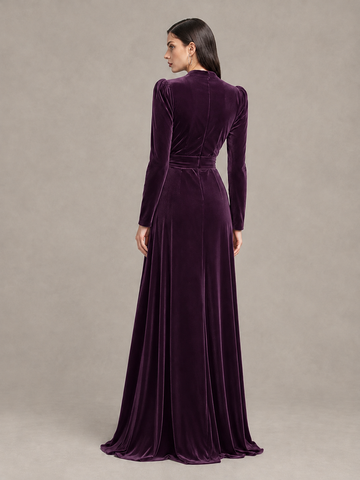 BOLODOO Plum Long Sleeve Velvet-Look Evening Dress with High Slit - Plum - Plum_2