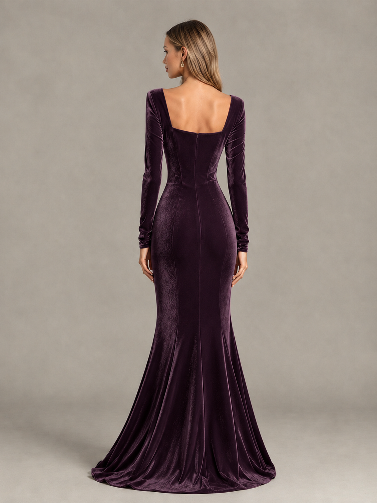 BOLODOO Plum Velvet-Look Square Neck Long Sleeve Mermaid Evening Dress - Plum - Plum_2