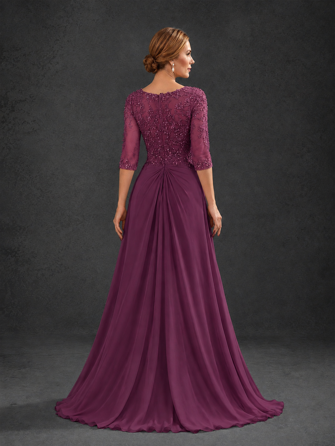 BOLODOO Plum Sweetheart Neck 3/4 Sleeve Floral Lace Illusion Bodice Chiffon A-Line Gown - Plum