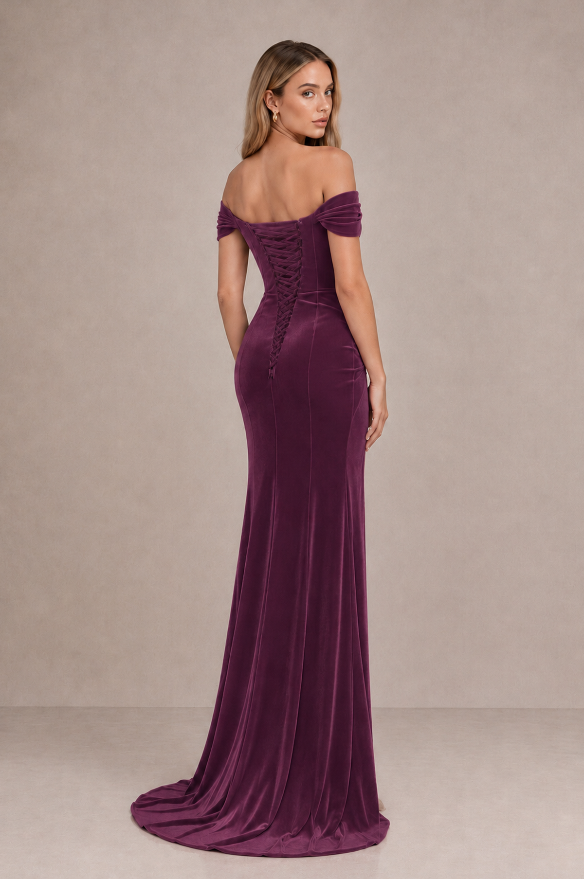 BOLODOO Plum Velvet Off-Shoulder Ruched High Slit Evening Dress - Plum - Plum_2