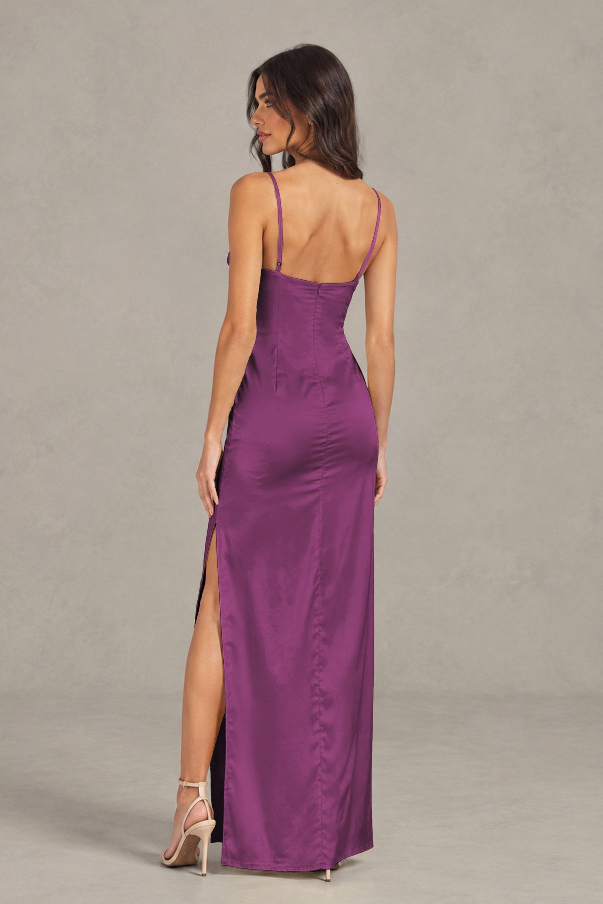 BOLODOO Plum Satin Cowl Neck Open Back Mermaid Maxi Dress with Side Slit - Plum
