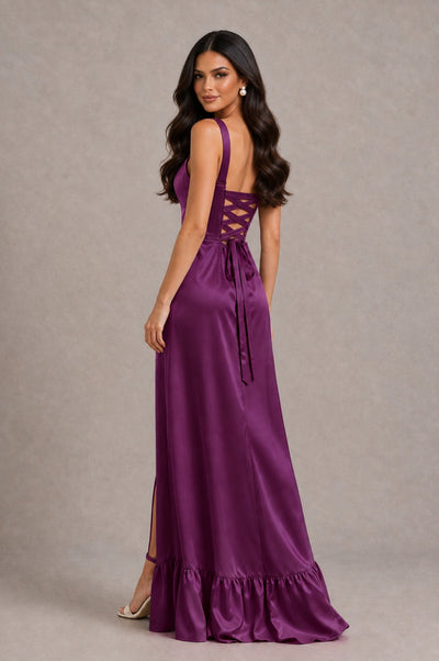 BOLODOO Plum Square Neck Satin Evening Dress with Lace-Up Back and High Slit - Plum - Plum_2