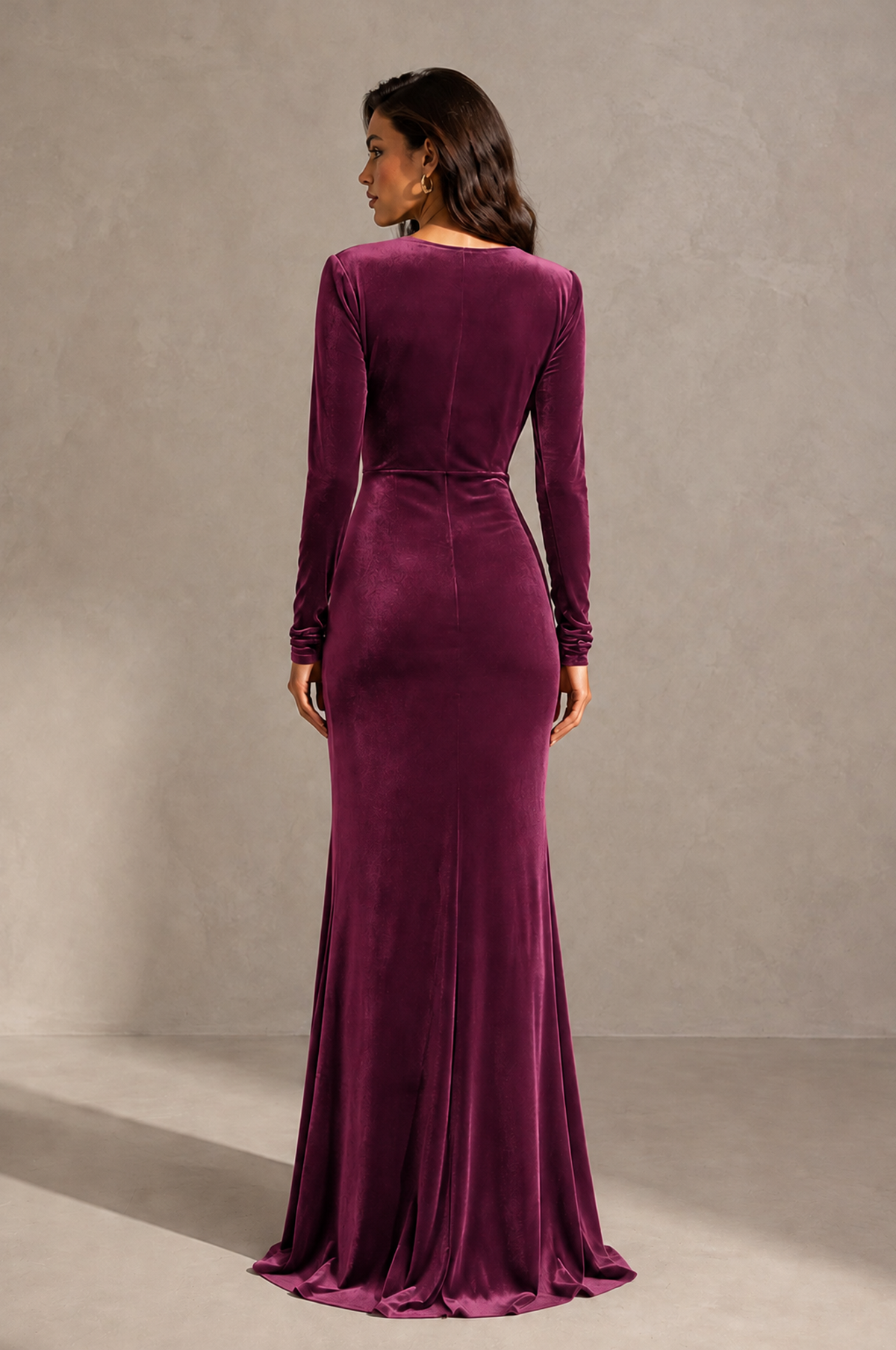 BOLODOO Plum Velvet Long Sleeve V-Neck Ruched Evening Gown - Plum