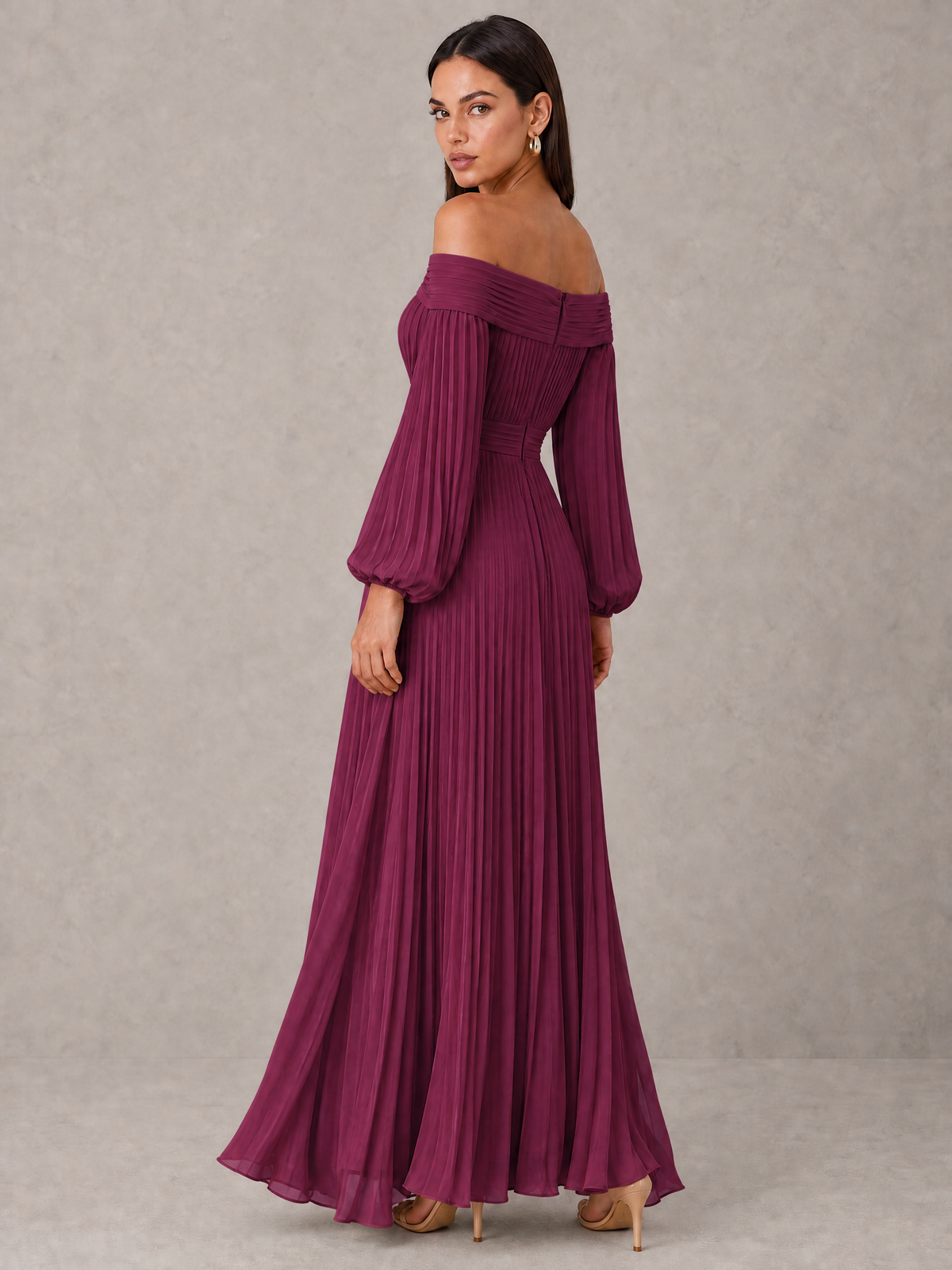 BOLODOO Plum Off-Shoulder Long Sleeve Pleated High-Low Dress - Plum - Plum_2