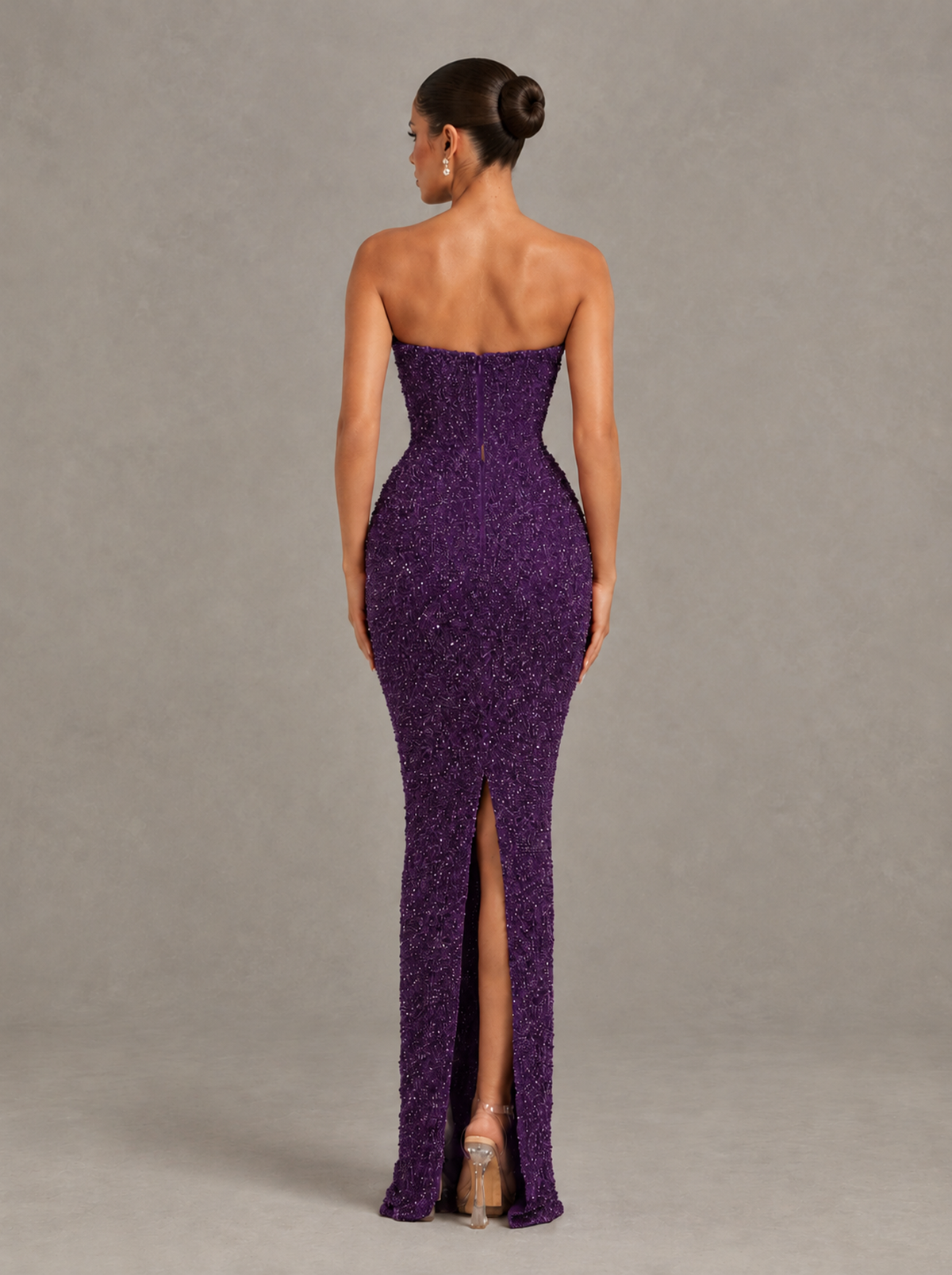 BOLODOO Plum Strapless Sequin Evening Gown with Floral Neckline - Plum - Plum_2