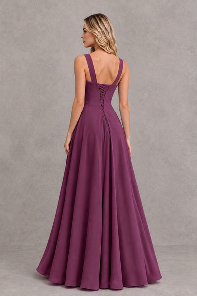 BOLODOO Plum Square Neck Ruffle A-Line Bridesmaid Dress with Slit - Plum - Plum_2