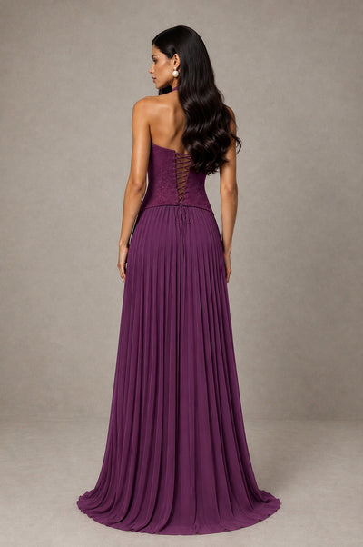 BOLODOO Plum Halter Corset Pleated A-Line Evening Dress - Plum - Plum_2