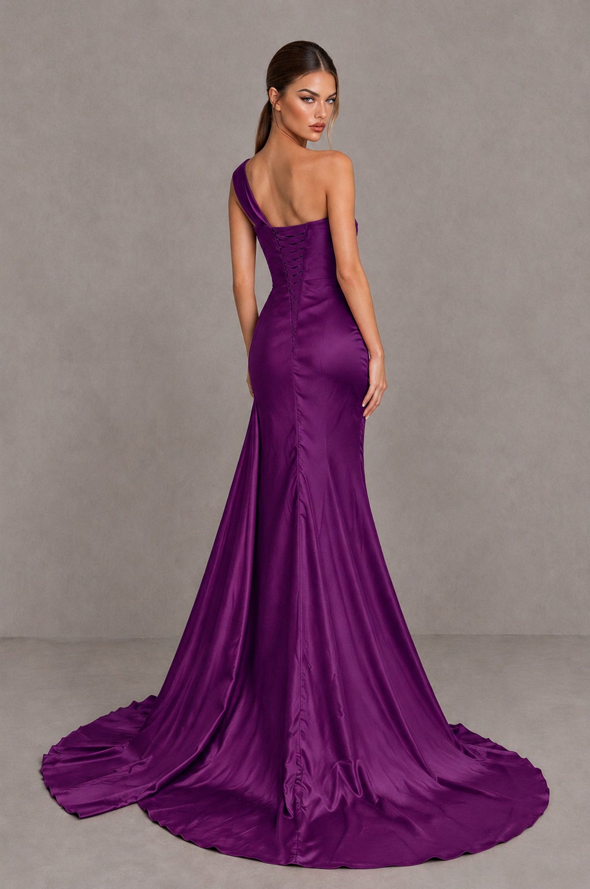 BOLODOO Plum One Shoulder Satin Mermaid Evening Dress with Ruched Slit Skirt - Plum - Plum_2