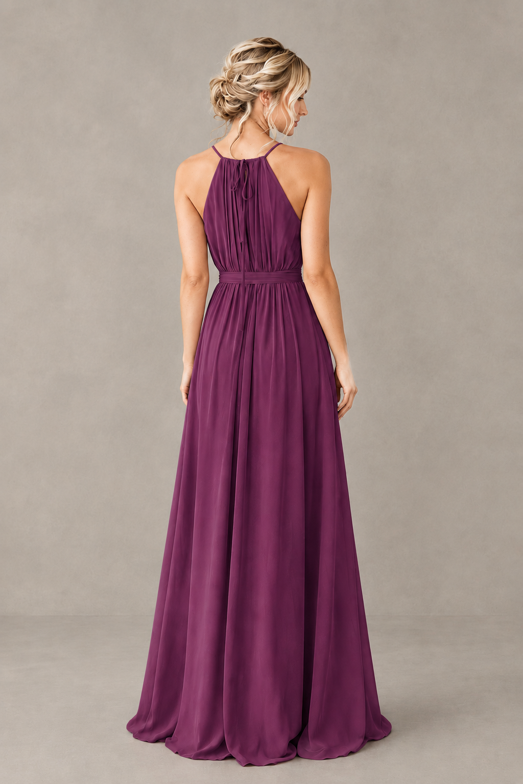 BOLODOO Plum Halter Chiffon Bridesmaid Dress with High Slit - Plum