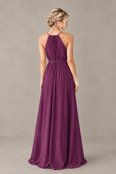 BOLODOO Plum Halter Chiffon Bridesmaid Dress with High Slit - Plum