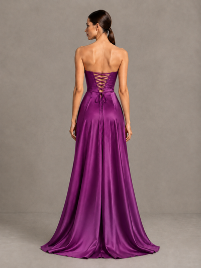 BOLODOO Plum Strapless Satin High-Slit Lace-Up Prom Dress - Plum - Plum_2