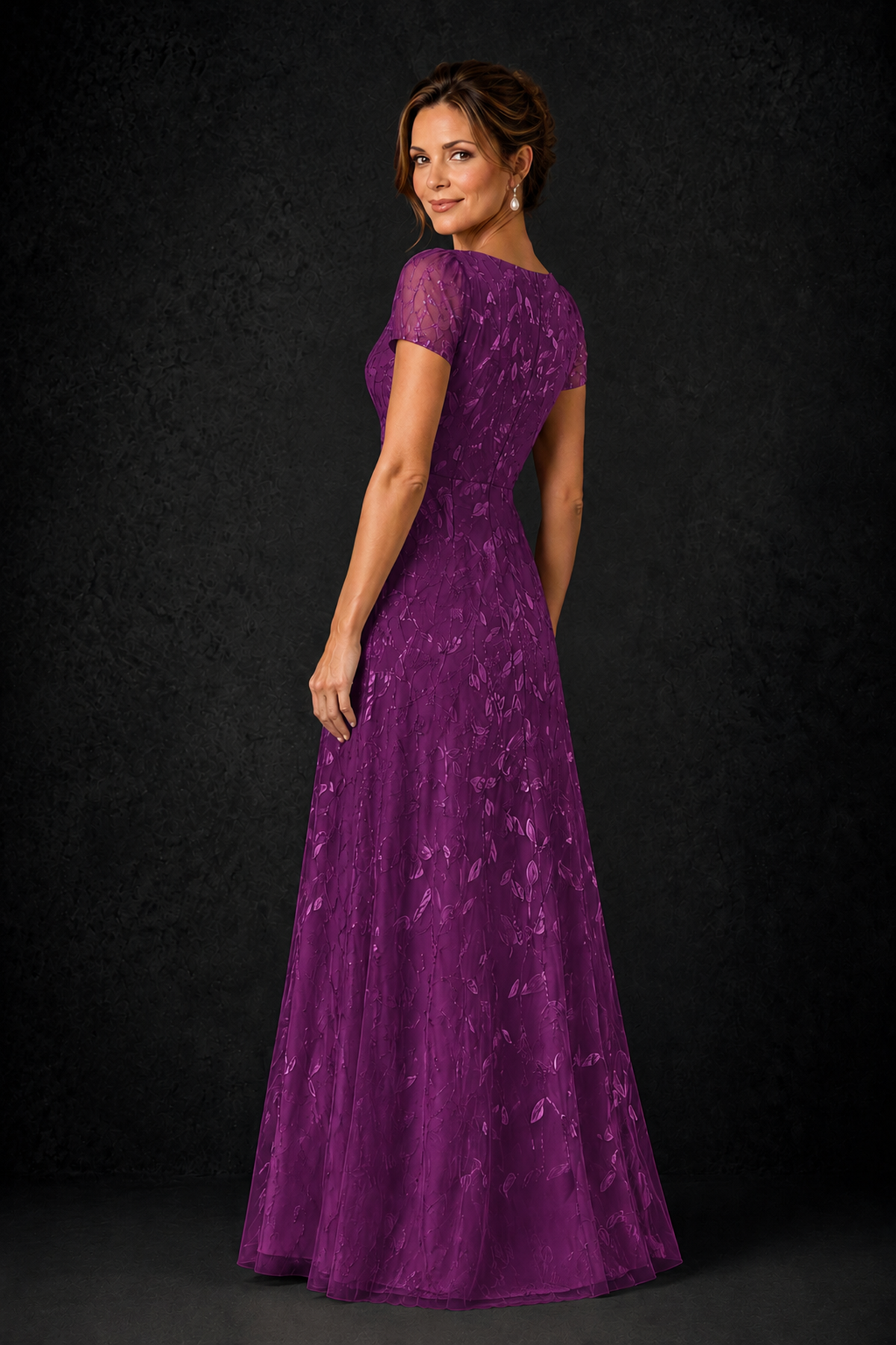 BOLODOO Plum Leaf Embroidered A-Line Formal Gown with Cap Sleeves - Plum - Plum_2