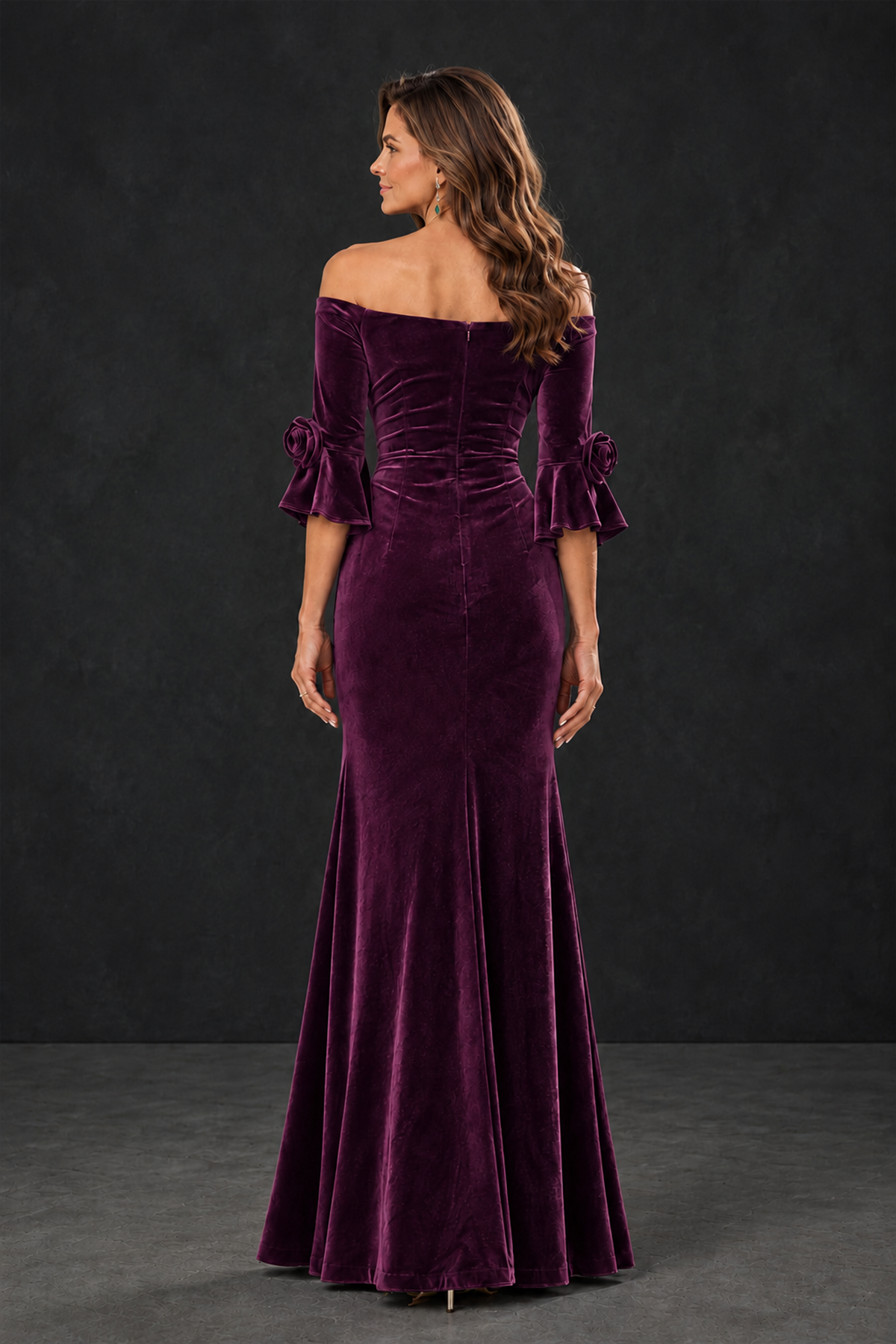 BOLODOO Plum Velvet Mother of the Bride Dress with Rosette Sleeves - Plum - Plum_2
