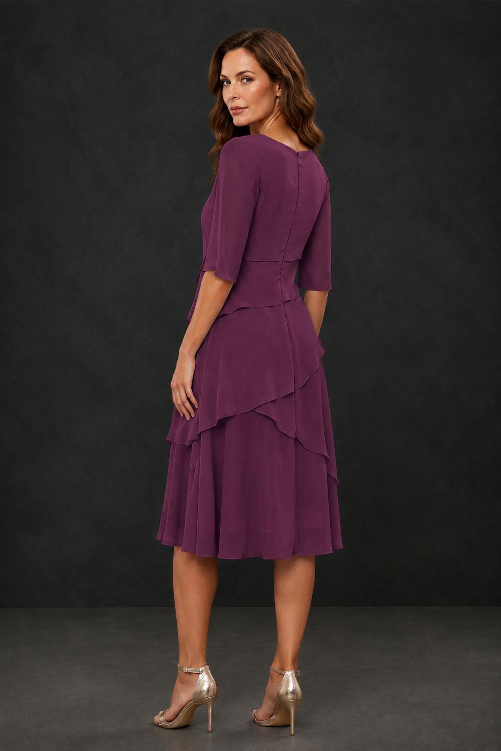 BOLODOO Plum Chiffon 3/4 Sleeve Asymmetric Tiered Tea Length Dress | Mother of the Bride Midi Dress - Plum