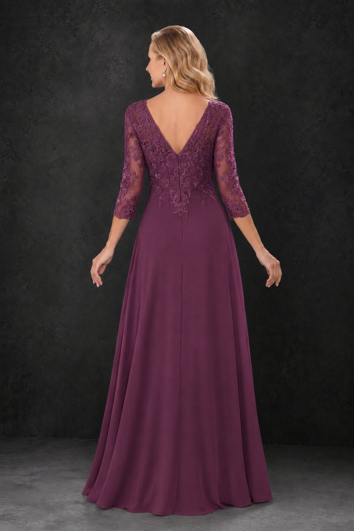 BOLODOO Plum Lace Embroidered Mother of the Bride Dress with 3/4 Sleeves - Plum