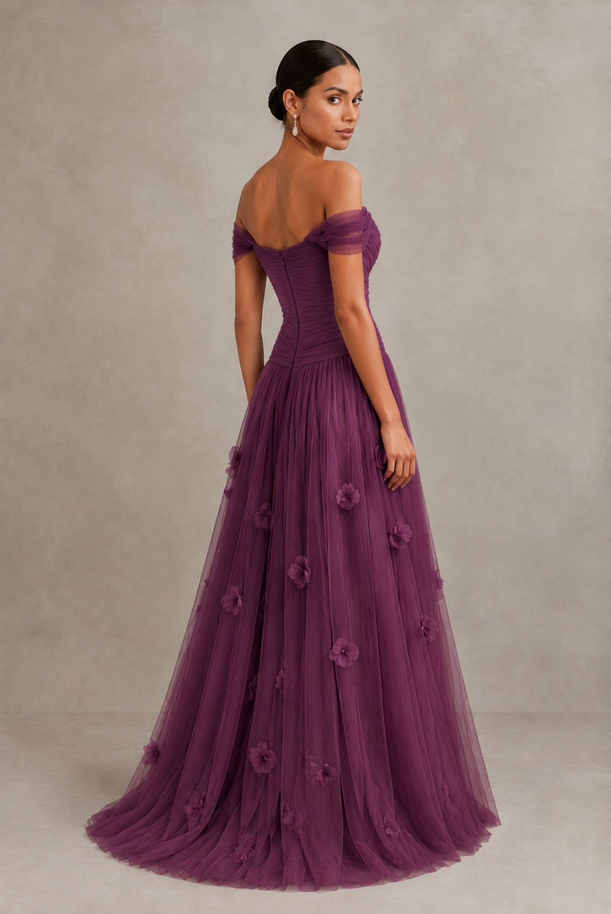 Plum Off-Shoulder Sweetheart A-Line Tulle Gown with 3D Floral Appliques | BOLODOO - Plum