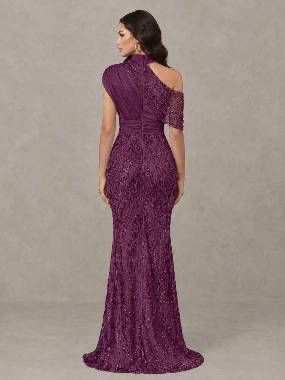 BOLODOO Plum High Neck Draped Sequin Mermaid Evening Gown - Plum - Plum_2