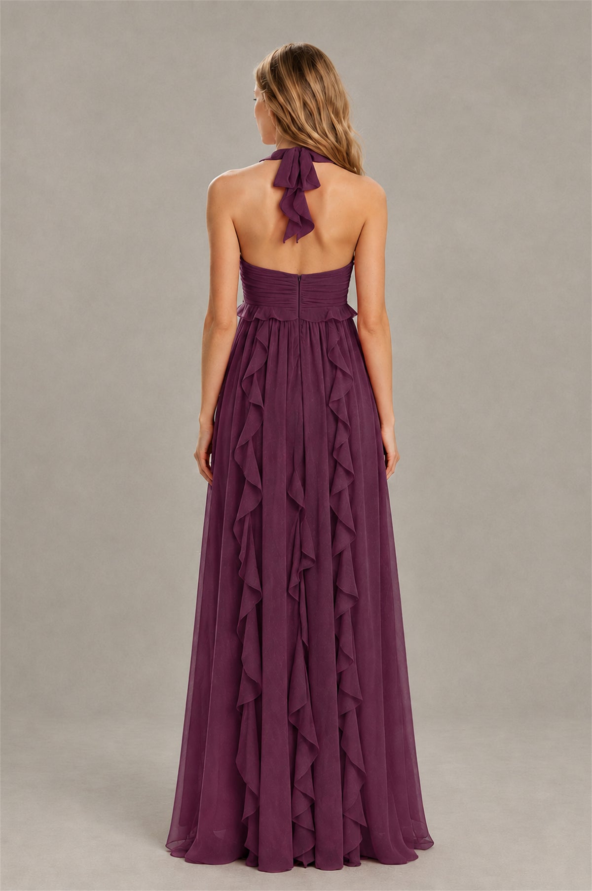 BOLODOO Plum Halter Ruffle A-Line Floor-Length Evening Dress - Plum - Plum_2