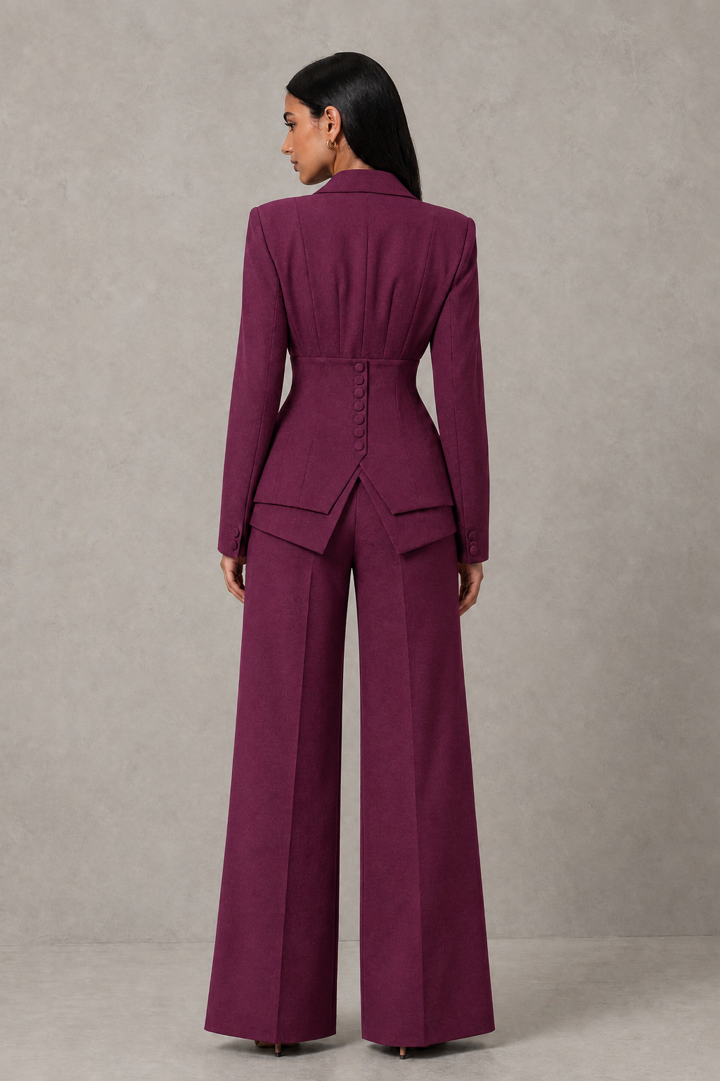 BOLODOO Plum Cinched Waist Blazer and Wide Leg Pants Two Piece Suit Set - Plum