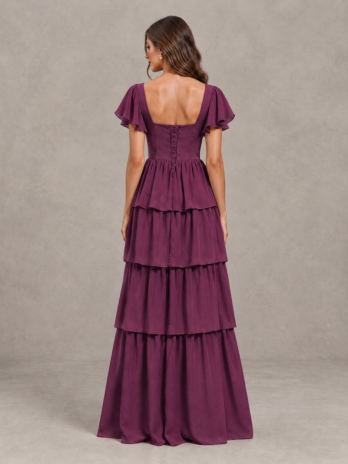 BOLODOO Plum Flutter Sleeve Tiered Maxi Bridesmaid Dress - Plum - Plum_2