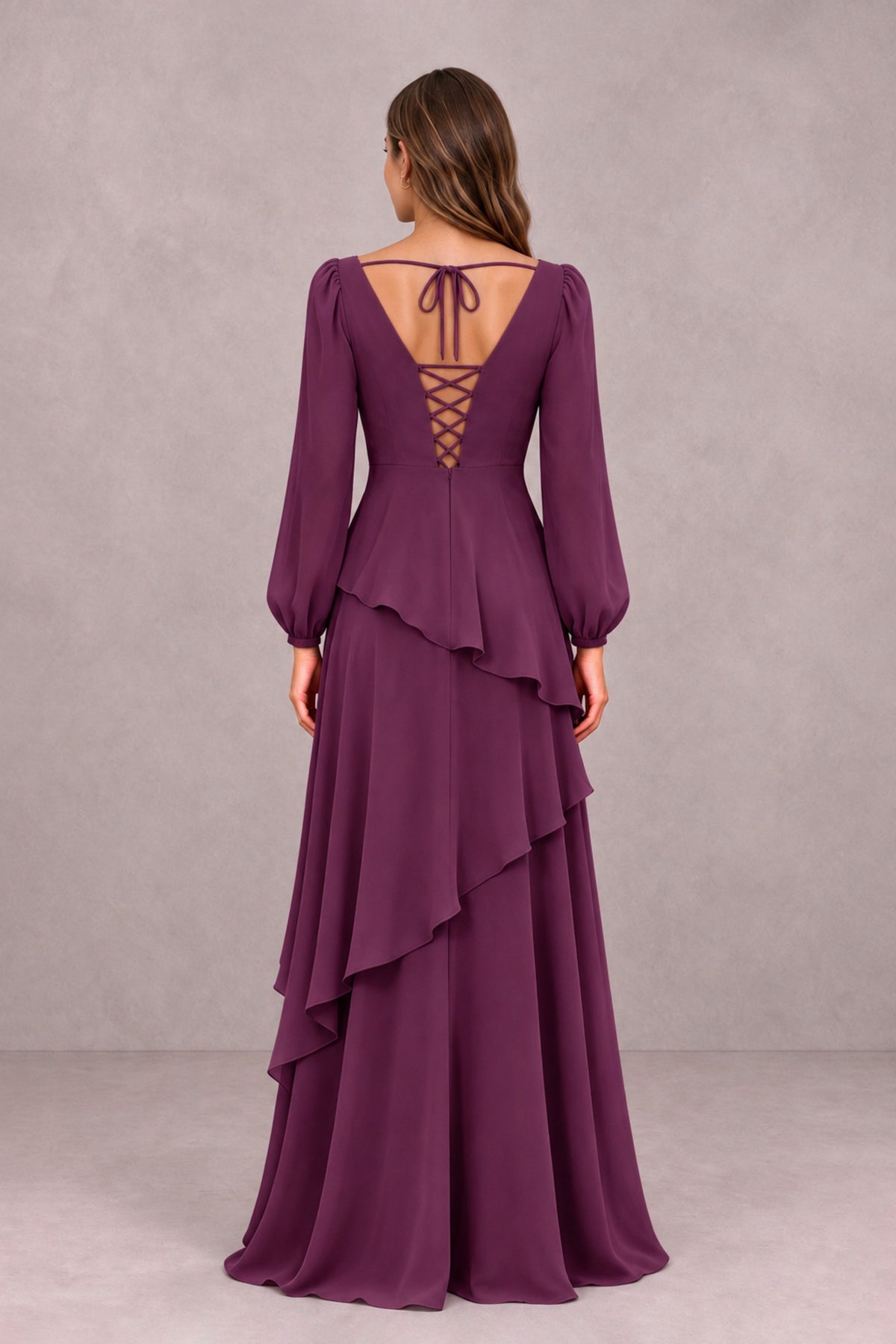 BOLODOO Plum Long Sleeve Ruffle Bridesmaid Dresses - Plum - Plum_2