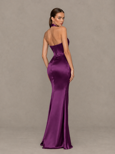 BOLODOO Plum Cross-Halter Ruched Satin-Look Evening Gown with High Slit - Plum - Plum_2