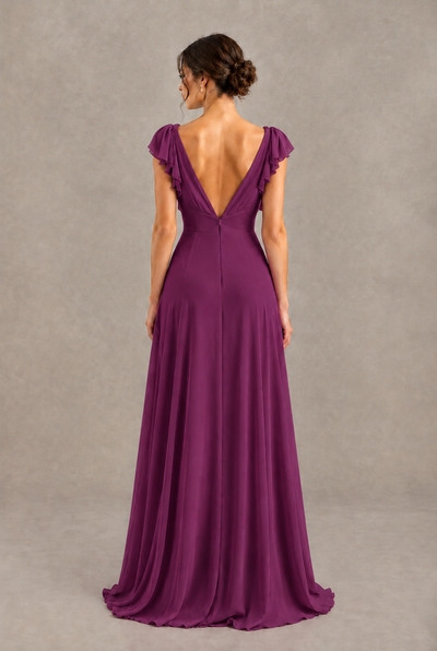 BOLODOO Plum V-Neck Flutter Sleeve A-Line Bridesmaid Dress - Plum - Plum_2