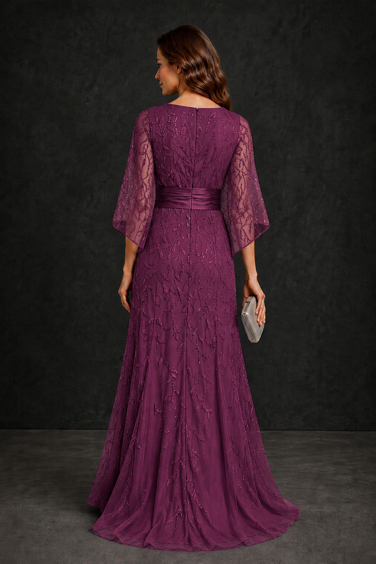 BOLODOO Plum Bateau Neck Bell Sleeve Sequin Embroidered Satin Waist A-Line Maxi Dress - Plum - Plum_2