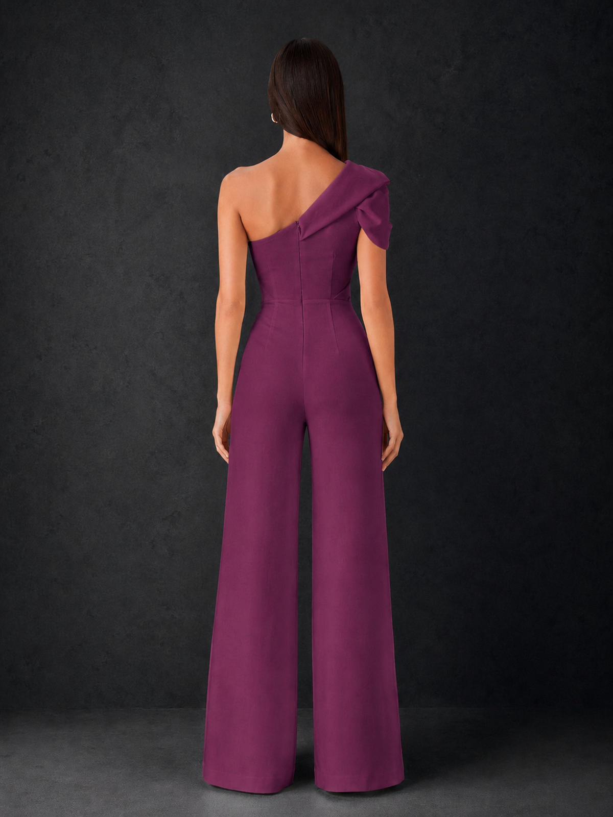 BOLODOO Plum One-Shoulder Puff Sleeve Wide-Leg Jumpsuit with Front Slit and Open Back - Plum