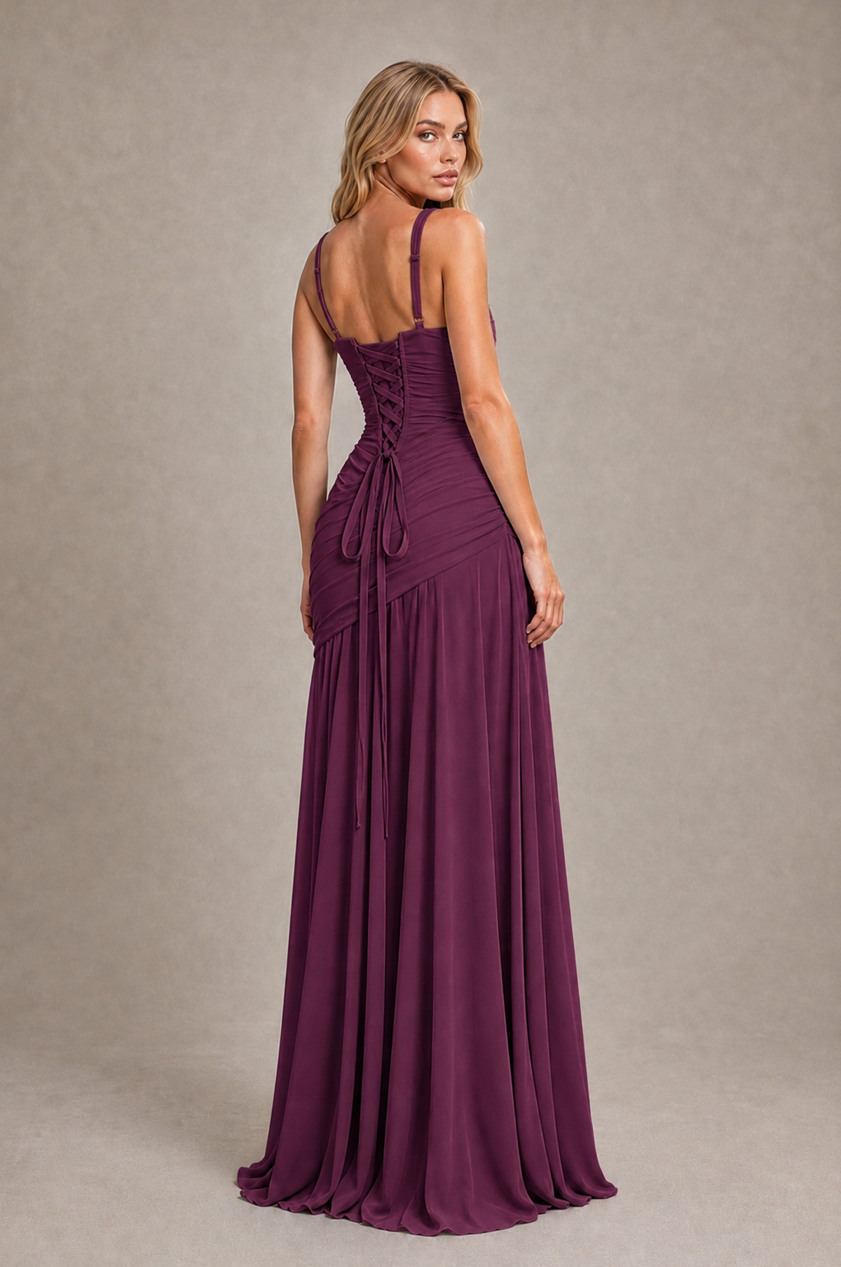 BOLODOO Plum Spaghetti Strap Ruched Maxi Dress – Formal Evening Gown with Slit - Plum - Plum_2