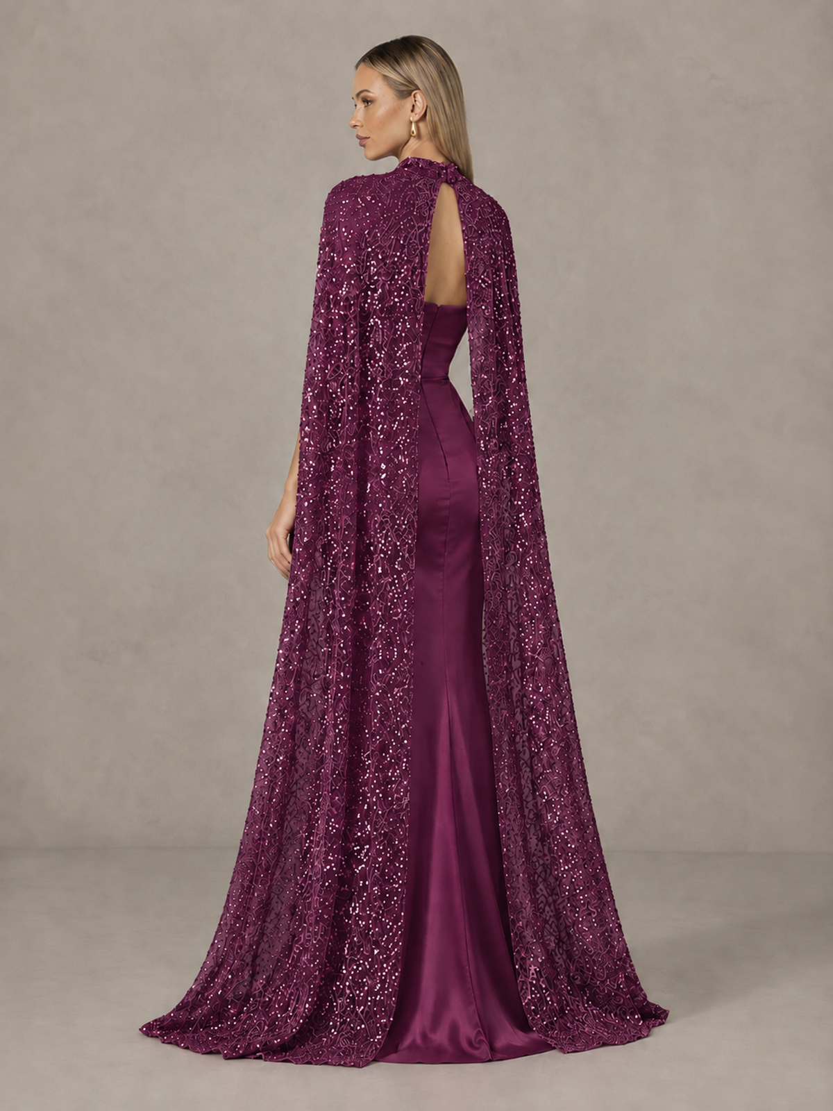 BOLODOO Plum Strapless Satin-Look Evening Gown with Sequin Cape - Plum - Plum_2