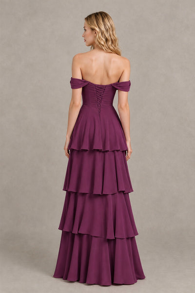 BOLODOO Plum Off-the-Shoulder Tiered A-Line Evening Bridesmaid Dress - Plum - Plum_2