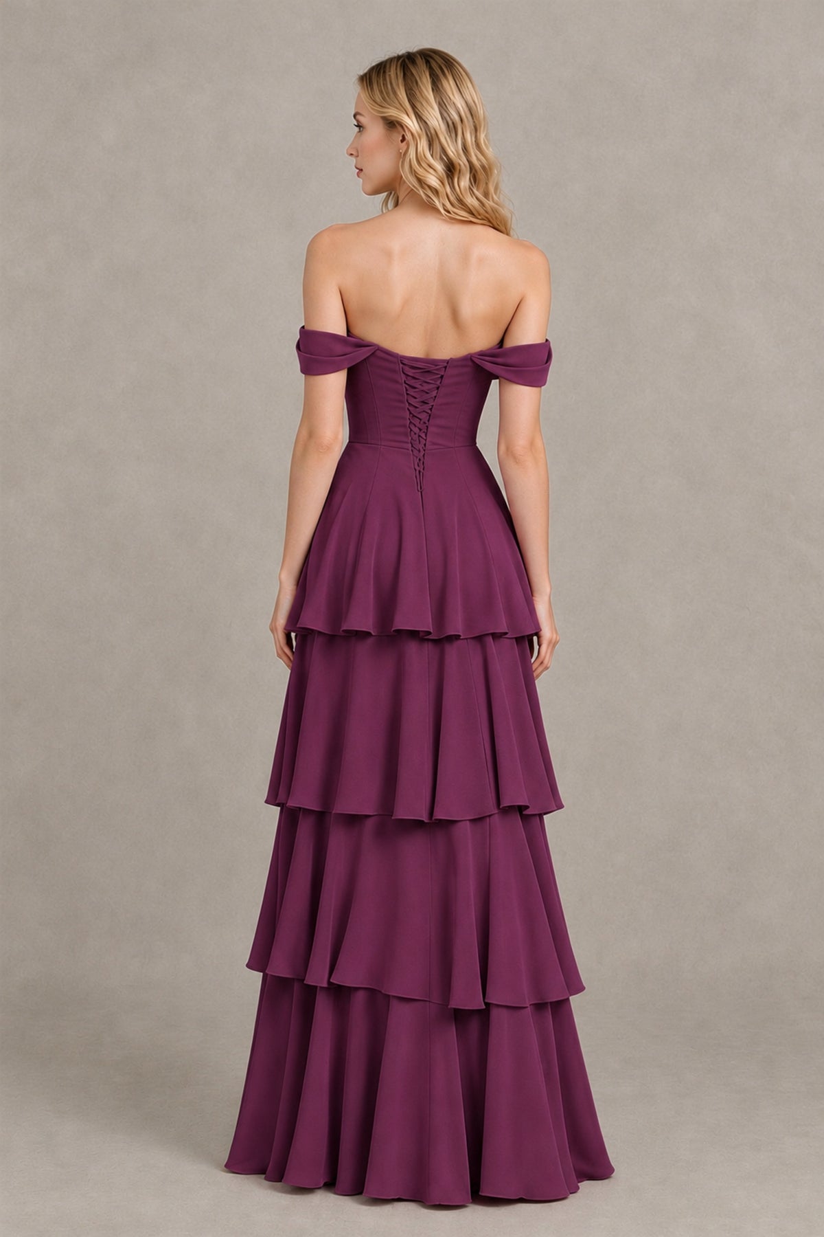BOLODOO Plum Off-the-Shoulder Tiered A-Line Evening Bridesmaid Dress - Plum - Plum_2