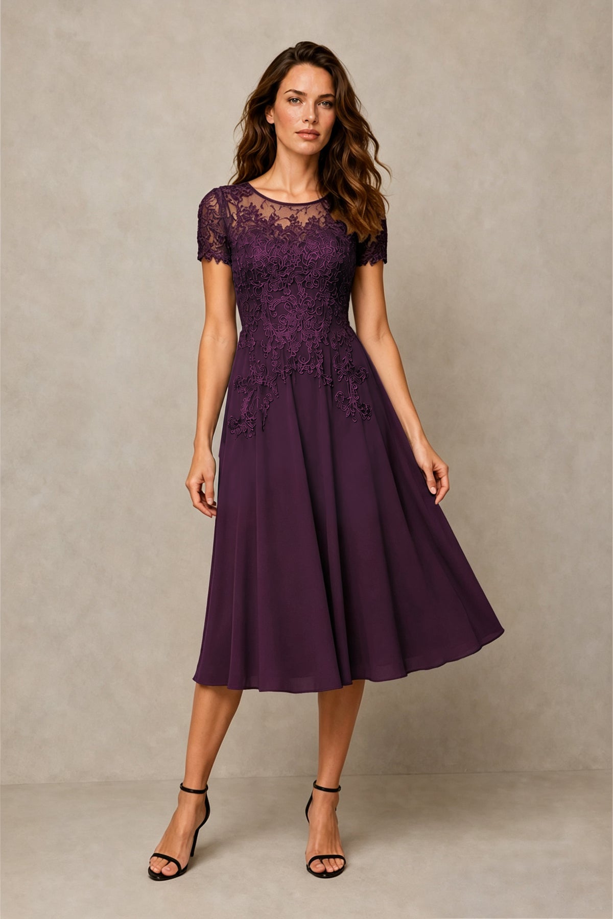 BOLODOO Steel Plum Beaded Lace Illusion Bodice Chiffon Tea-Length Dress | Mother of the Bride & Cocktail Party - Plum