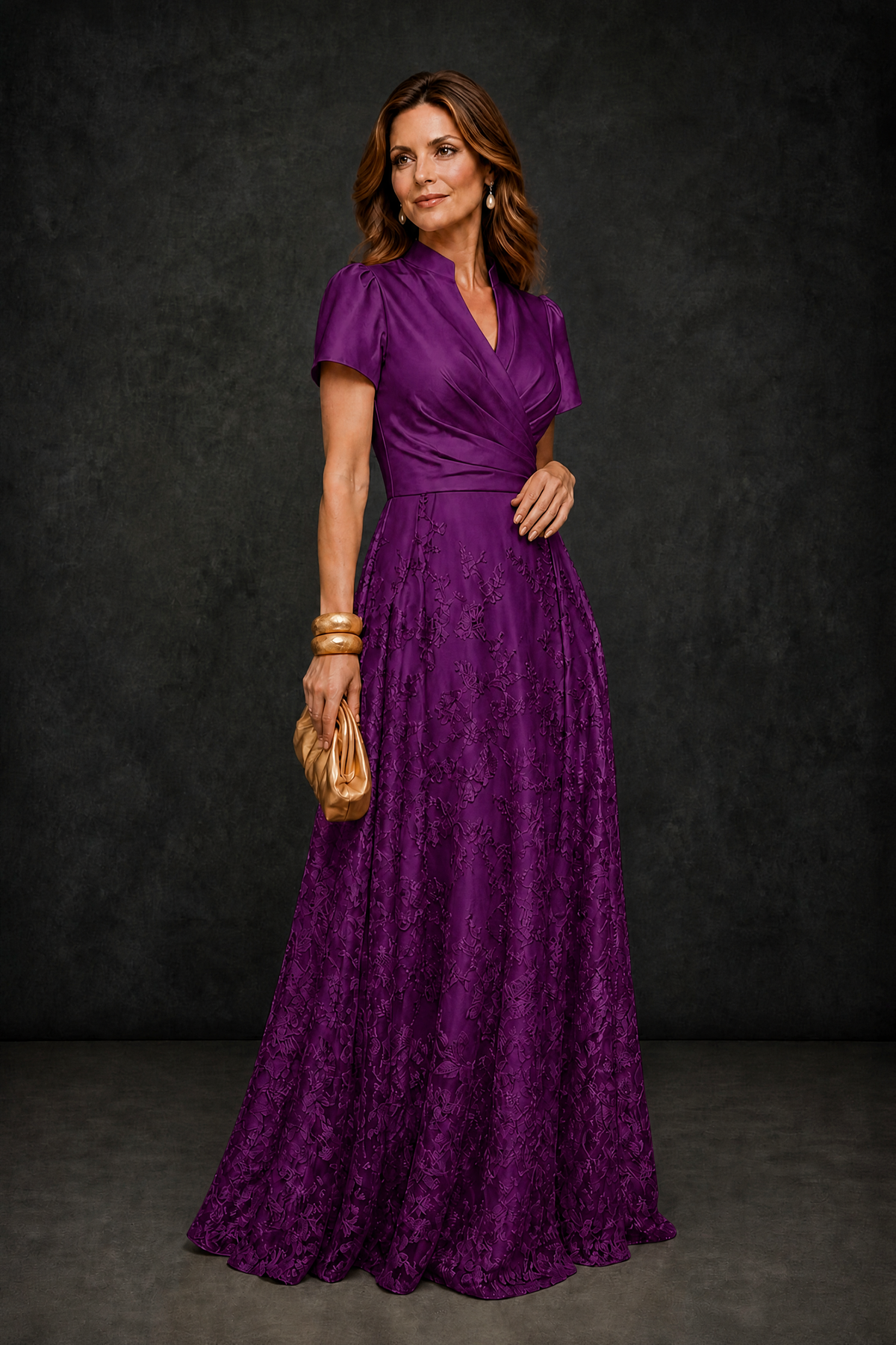 BOLODOO Plum Satin Wrap V-Neck Short Sleeve Lace Glitter A-Line Floor Length Evening Gown – Formal Dress - Plum