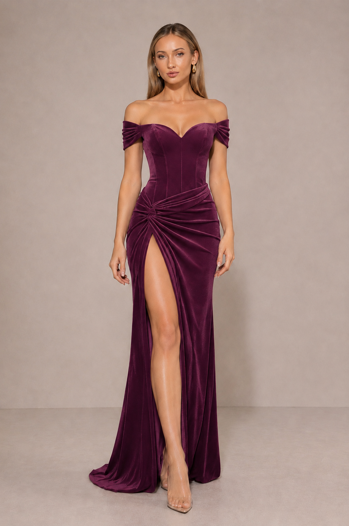 BOLODOO Plum Velvet Off-Shoulder Ruched High Slit Evening Dress - Plum - Plum_3